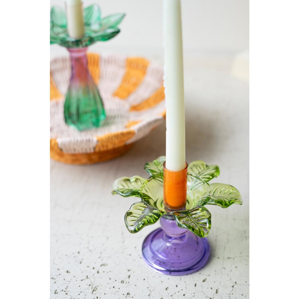 Set Of Two Colored Glass Flower Taper Candle Holders. Picture 3