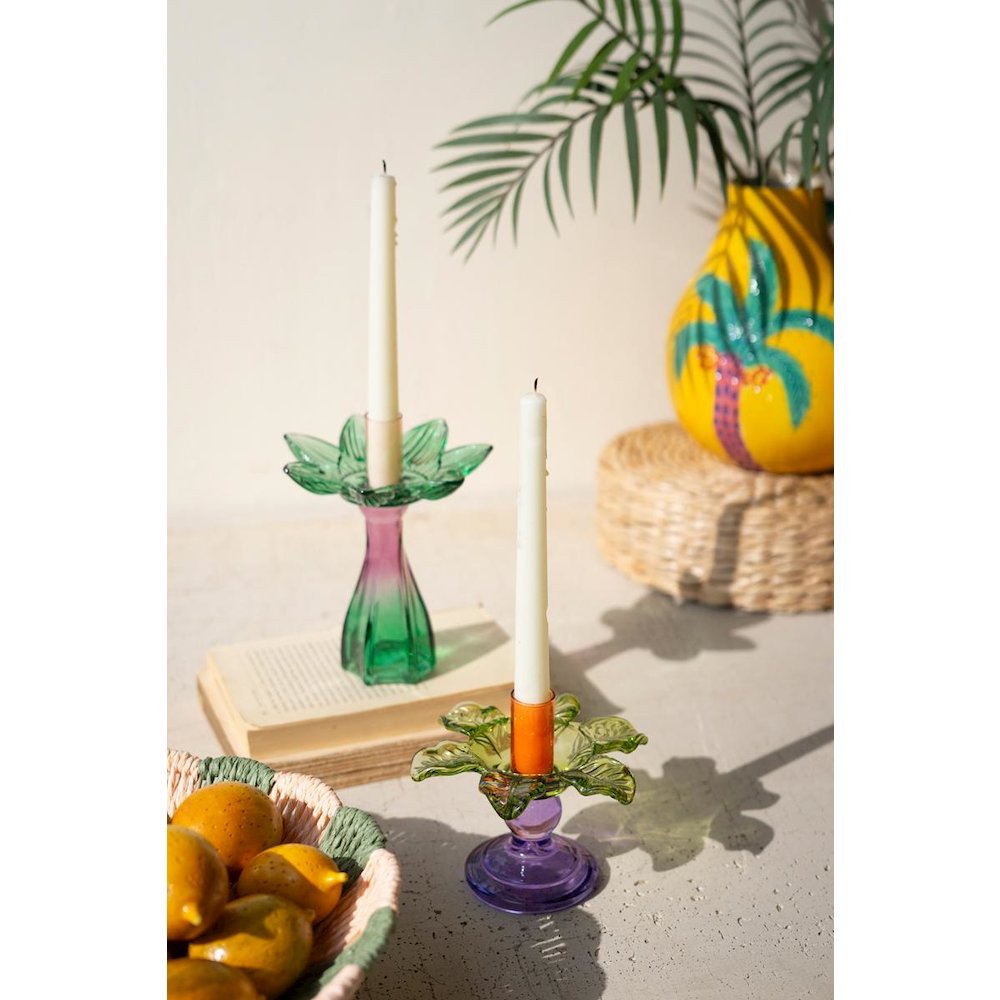 Set Of Two Colored Glass Flower Taper Candle Holders. Picture 4