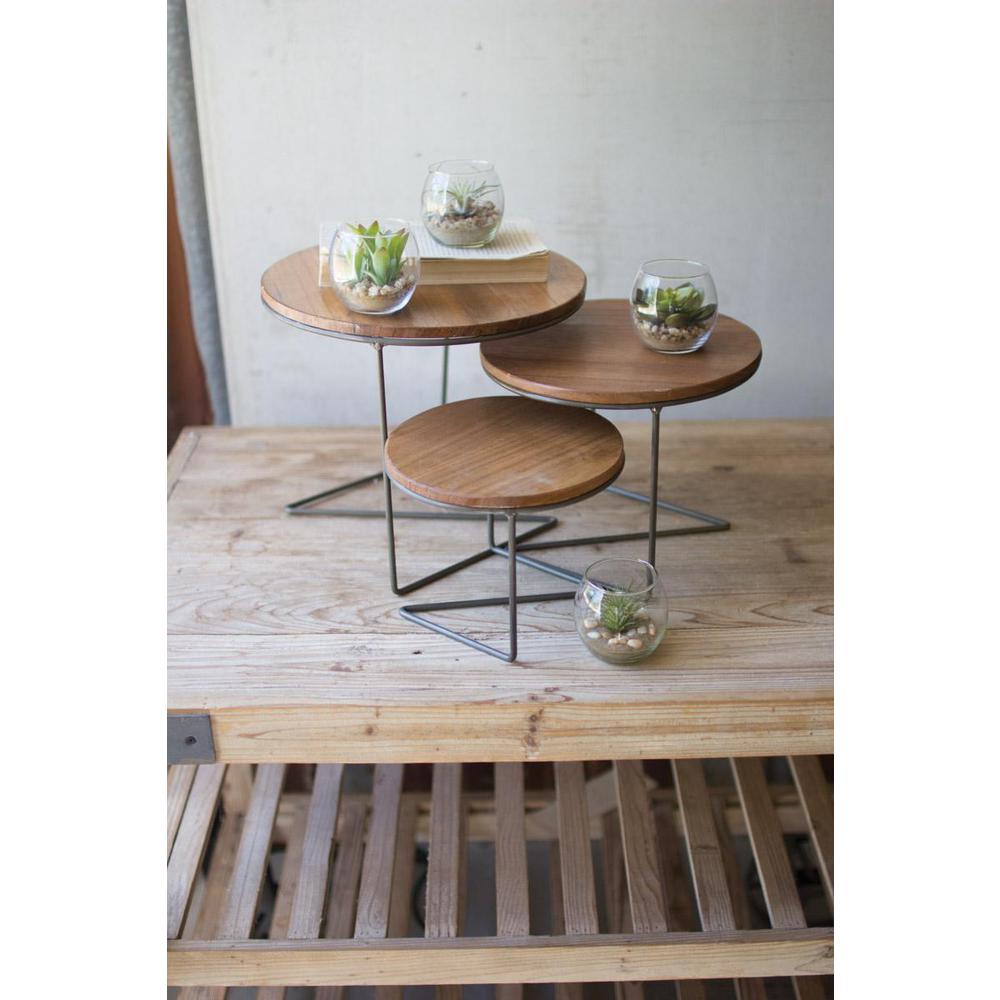 Set Of Three Round Wire Display Risers With Wood Tops. Picture 1