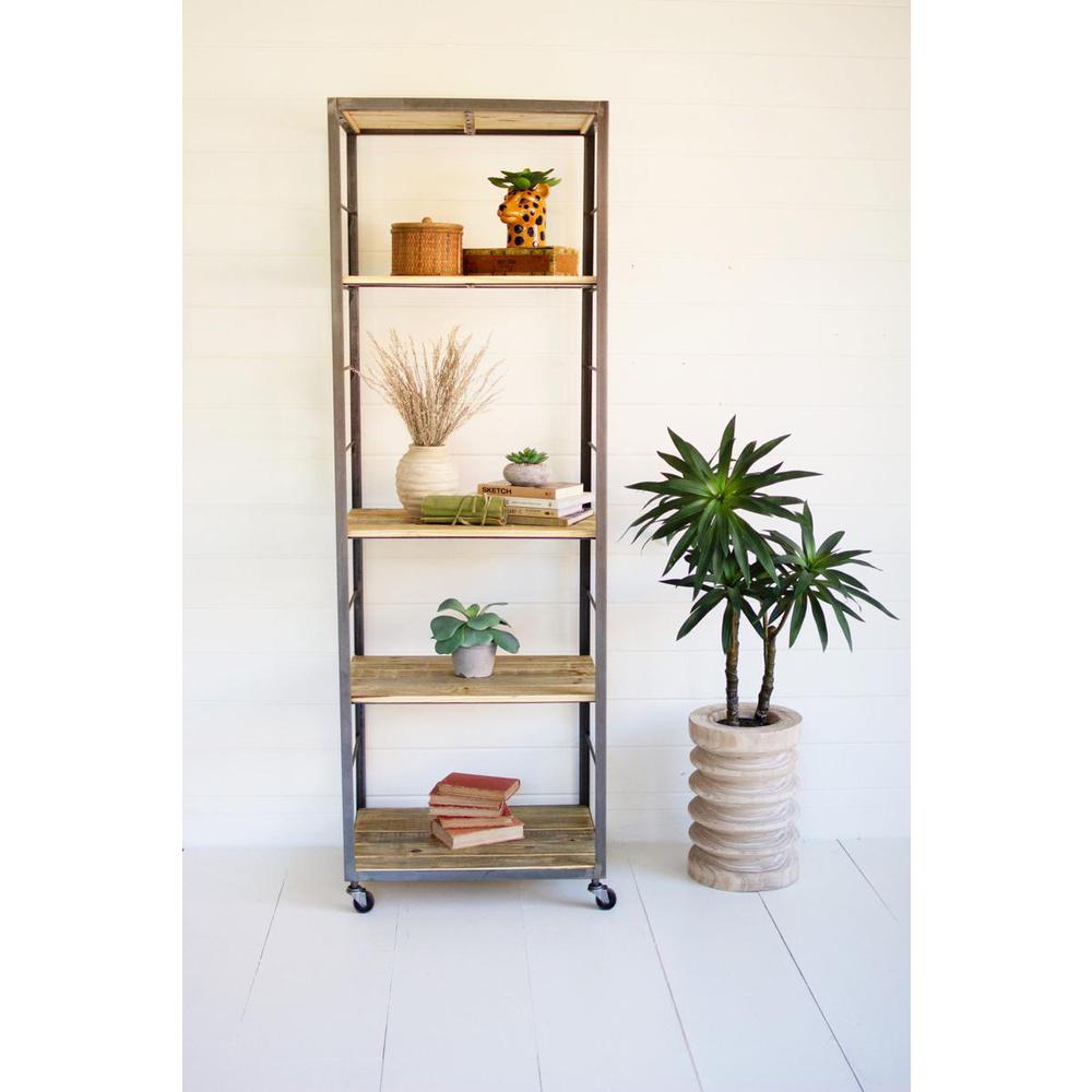 Tall Shelving Unit With Adjustable Recycled Wood Shelves. Picture 3