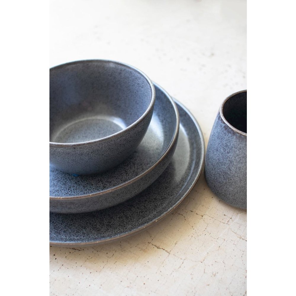 Set Of Three Stonewash Ceramic Dinner & Salad Plate & Bowl. Picture 2