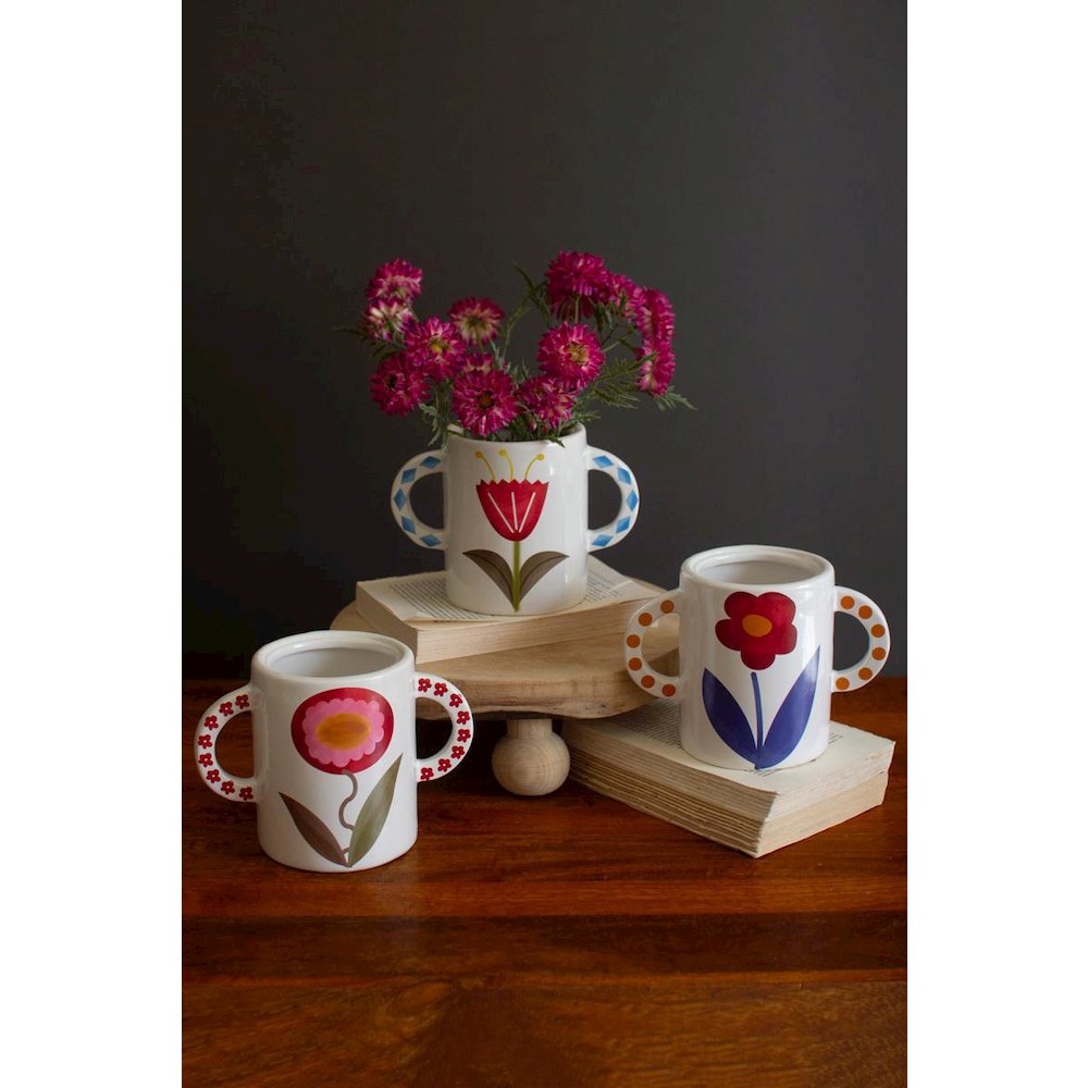 Set Of Three Ceramic Double Handle Vases With Flowers. Picture 1