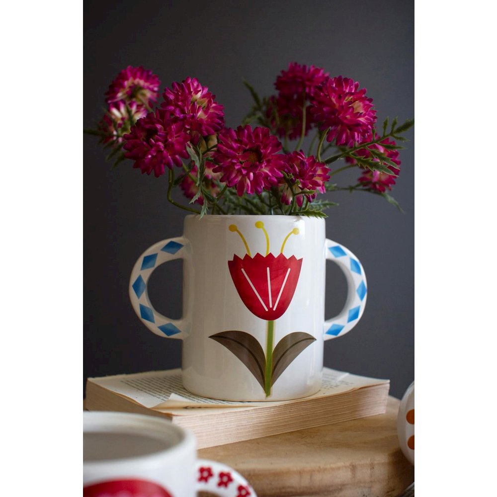 Set Of Three Ceramic Double Handle Vases With Flowers. Picture 4