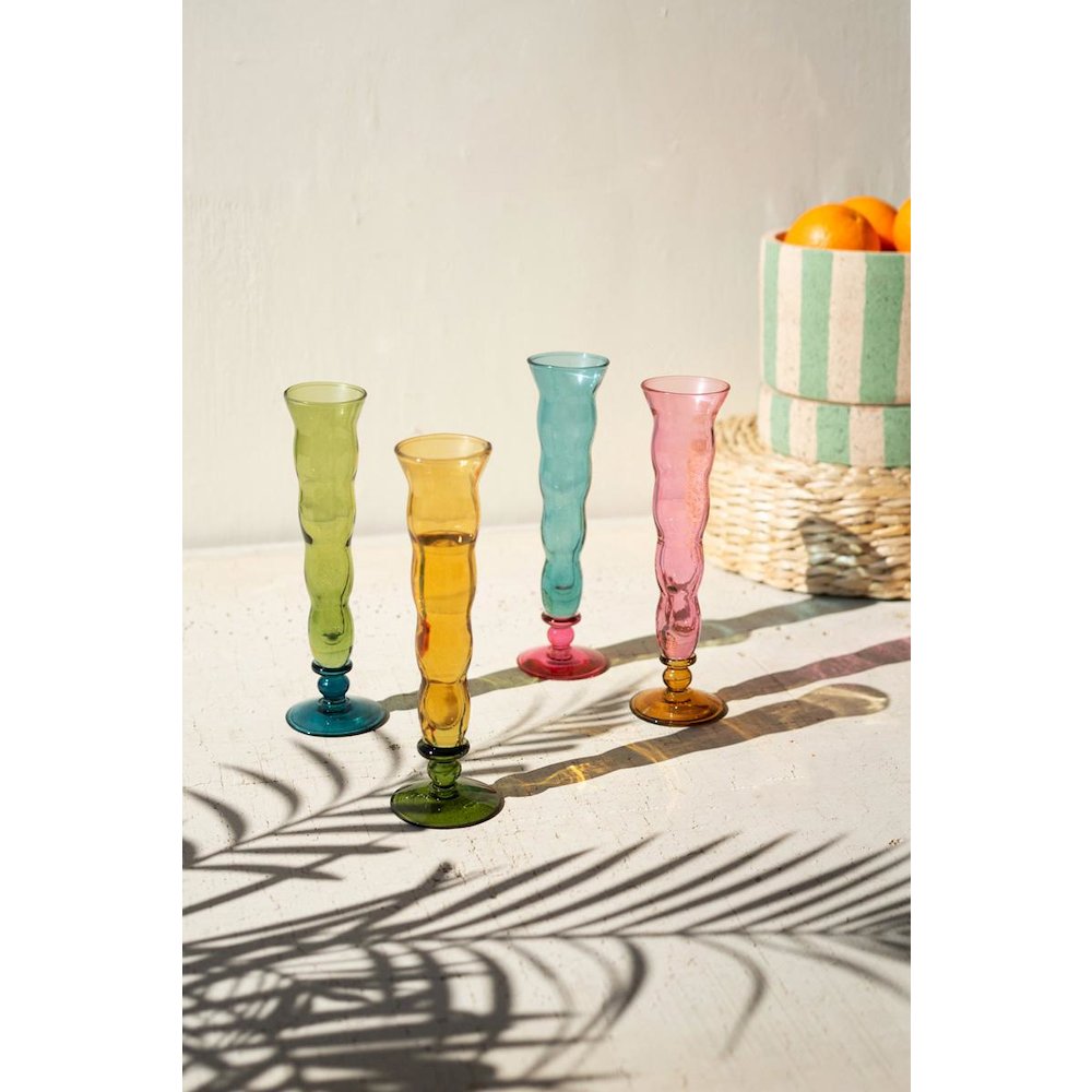 Set Of Four Wavy Trumpet Champagne Glasses - One Each Color. Picture 1