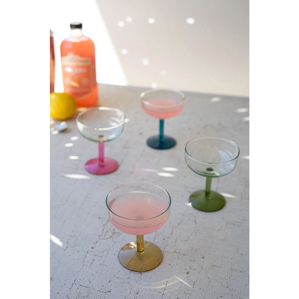 Set Of Four Coupe Glasses With Colored Stems - One Each. Picture 2