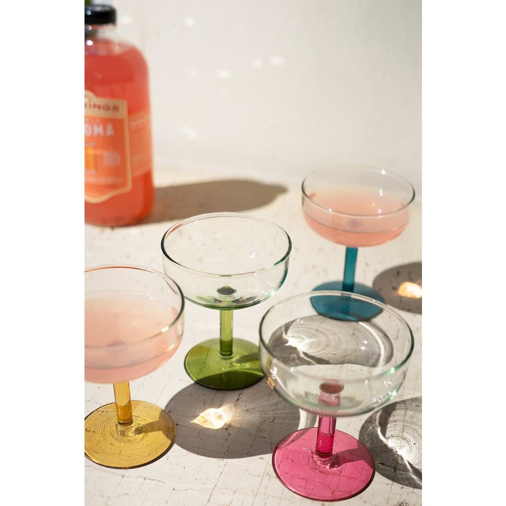 Set Of Four Coupe Glasses With Colored Stems - One Each. Picture 3