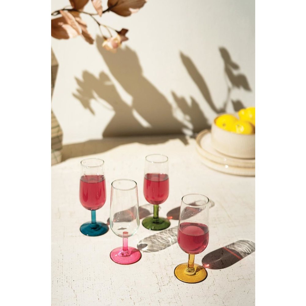 Set Of Four Apertif Glasses With Colored Stems - One Each. Picture 1