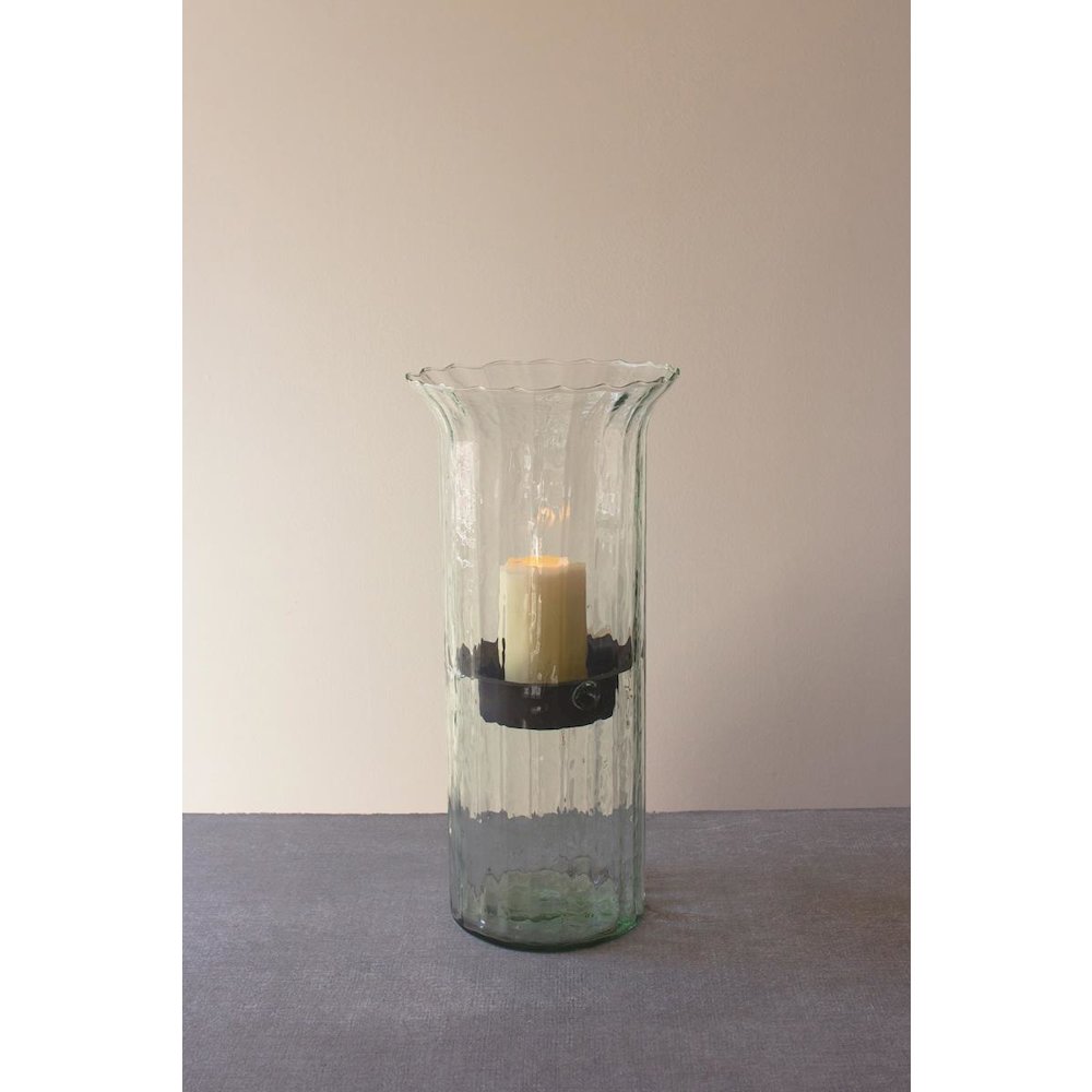 Ribbed Glass Candle Cylinder W Rustic Insert - Large. Picture 1