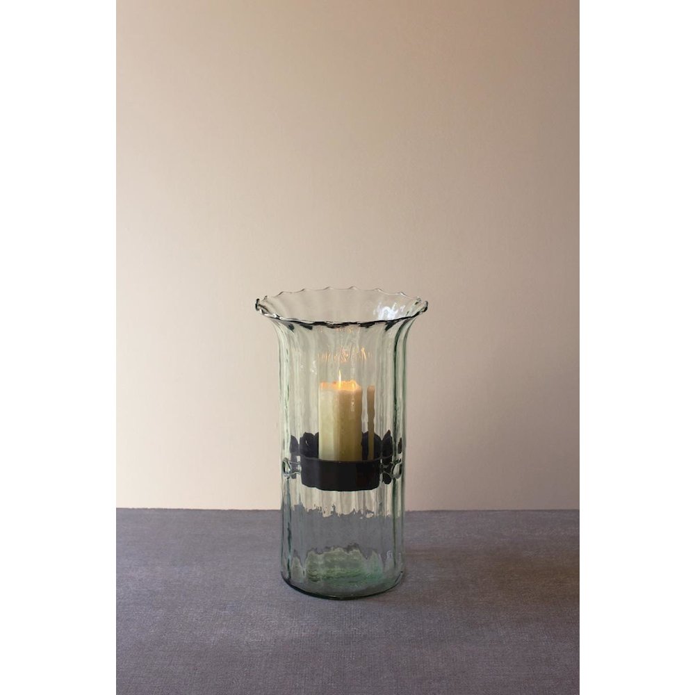 Ribbed Glass Candle Cylinder W Rustic Insert - Medium. Picture 1