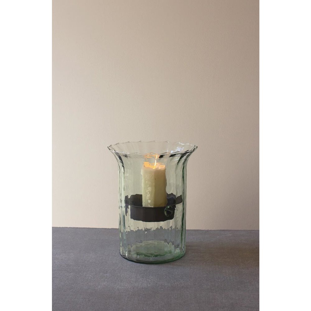 Ribbed Glass Candle Cylinder W Rustic Insert - Small. Picture 1