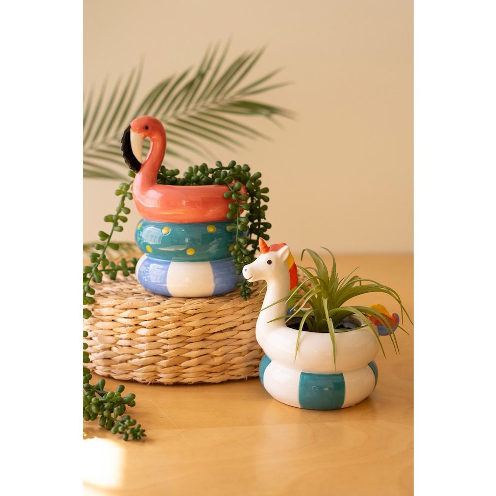 Set Of Two Ceramic Flamingo And Unicorn Swimring Vases. Picture 1
