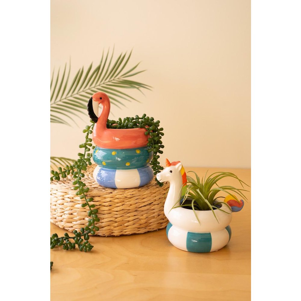 Set Of Two Ceramic Flamingo And Unicorn Swimring Vases. Picture 4