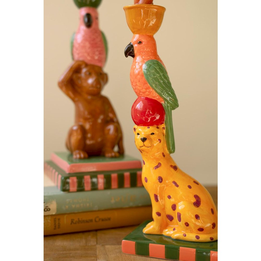 Set Of Two Ceramic Cheetah And Monkey Taper Candle Holders. Picture 2