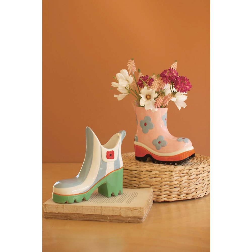 Set Of Two Ceramic Colorful Rubber Boot Vases. Picture 1