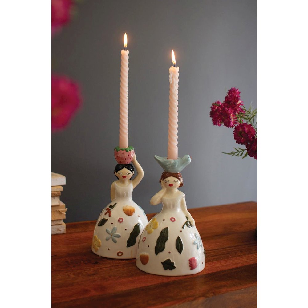 Set Of Two Ceramic Girl Taper Candle Holders. Picture 1