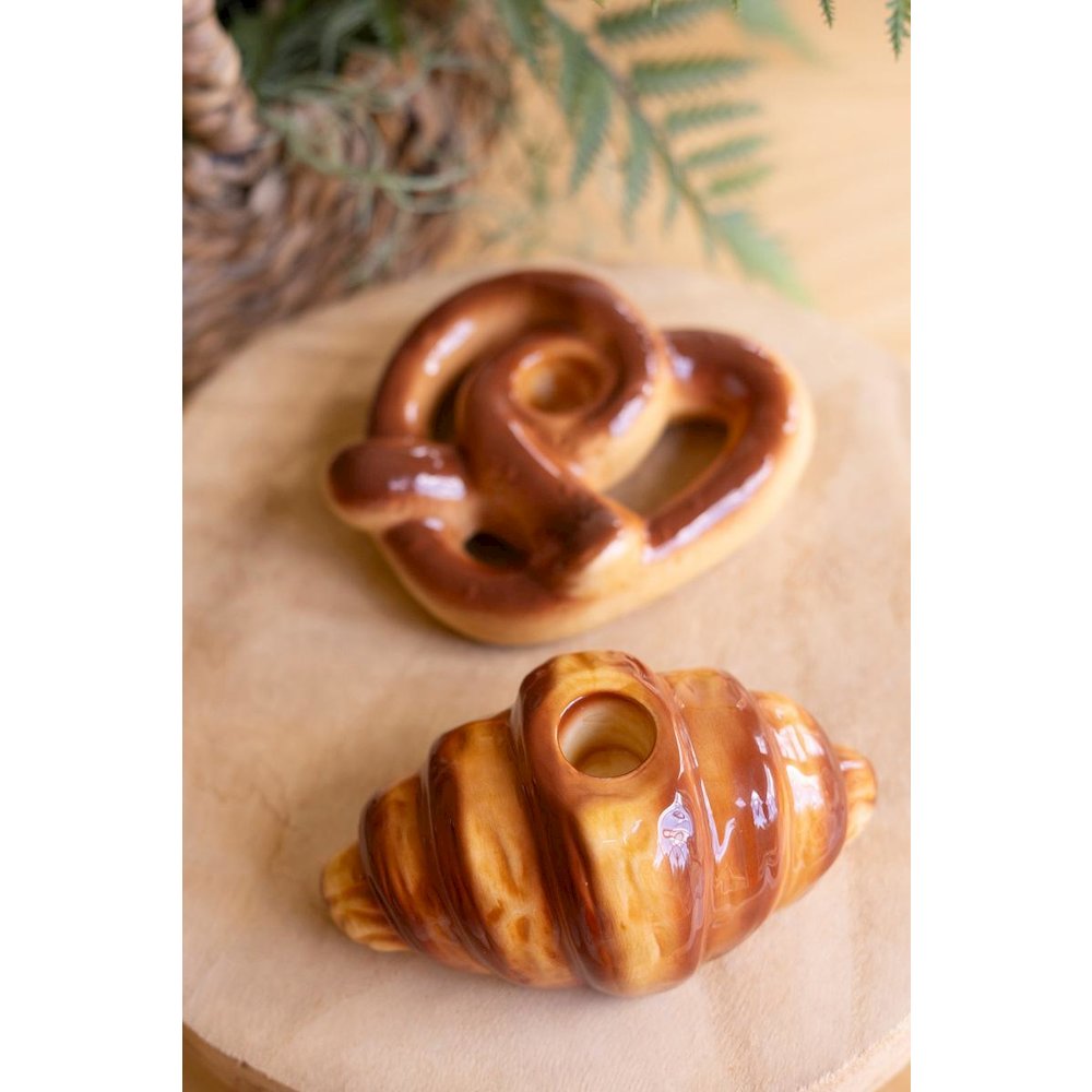 Set Of Two Ceramic Croissant And Pretzel Candle Holders. Picture 3