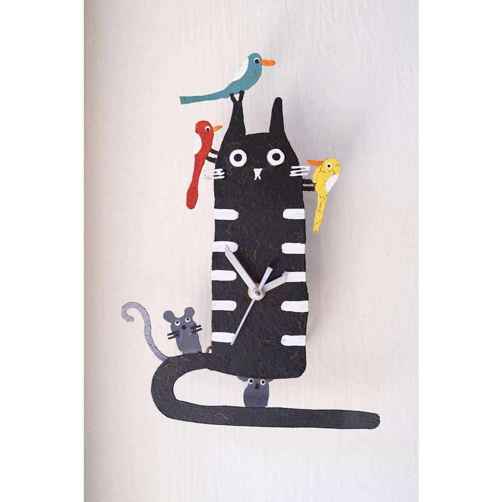 Hand Painted Wall Clock - Black Cat with Birds. Picture 1