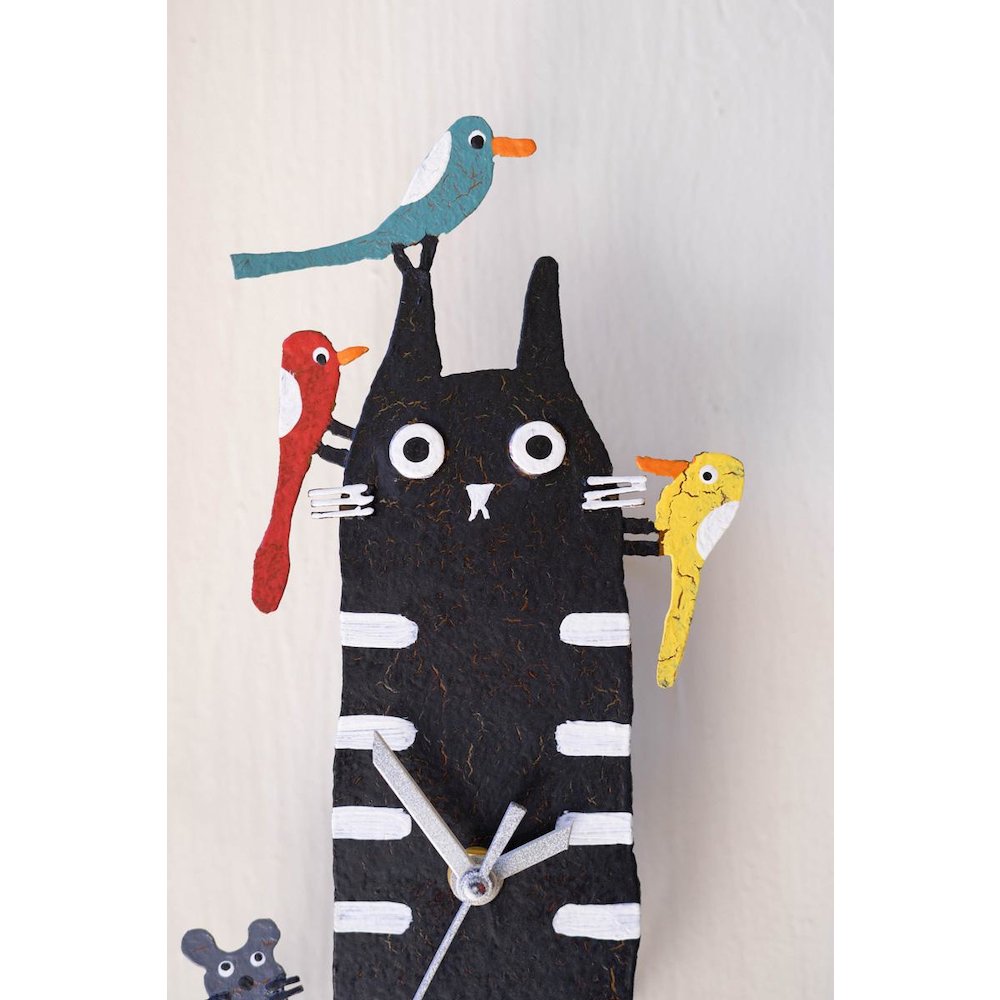Hand Painted Wall Clock - Black Cat with Birds. Picture 2