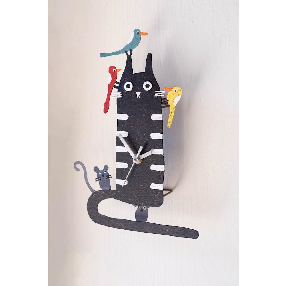 Hand Painted Wall Clock - Black Cat with Birds. Picture 3