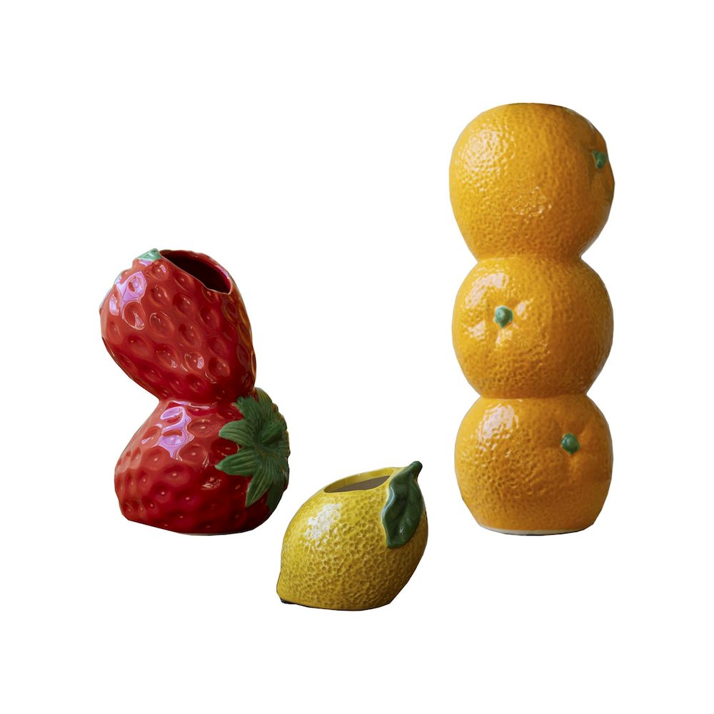 Set Of Three Ceramic Bud Vases - Orange, Strwberry And Lemon. Picture 5