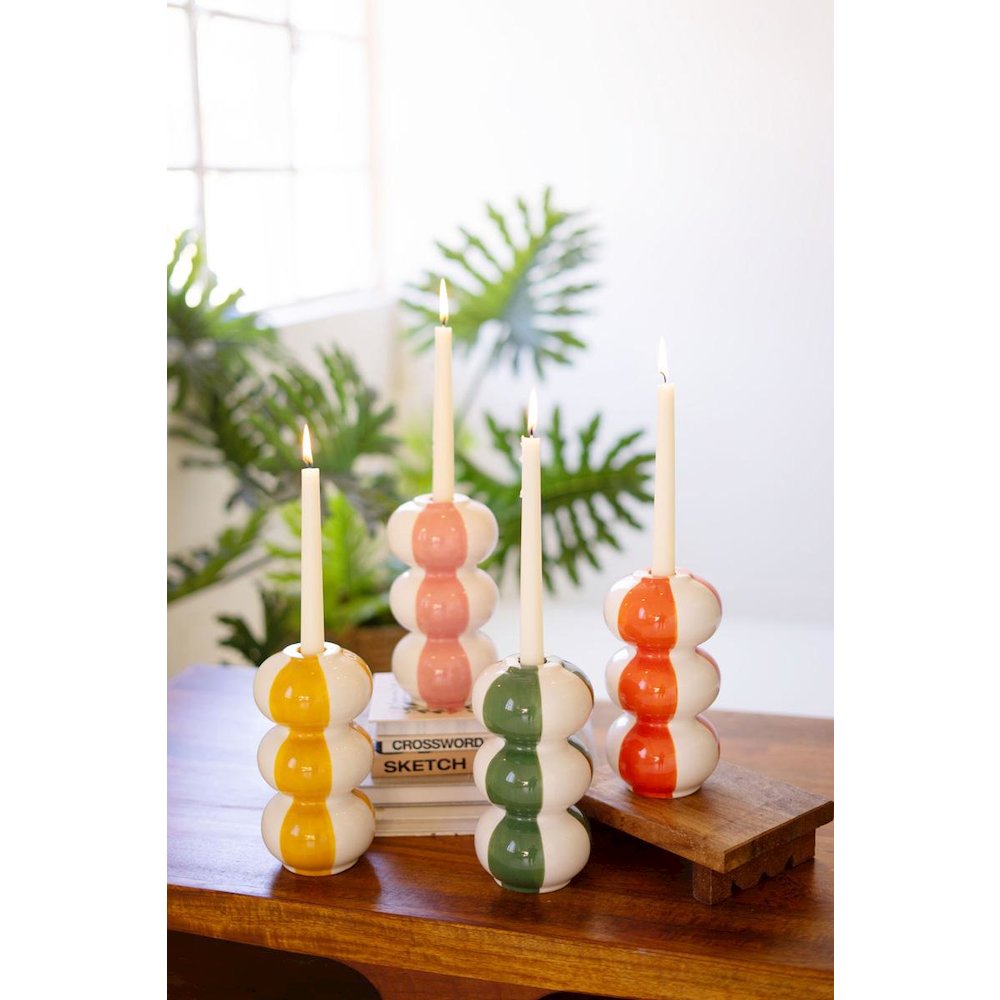 Set Of Four Ceramic Striped Taper Candle Holders. Picture 1
