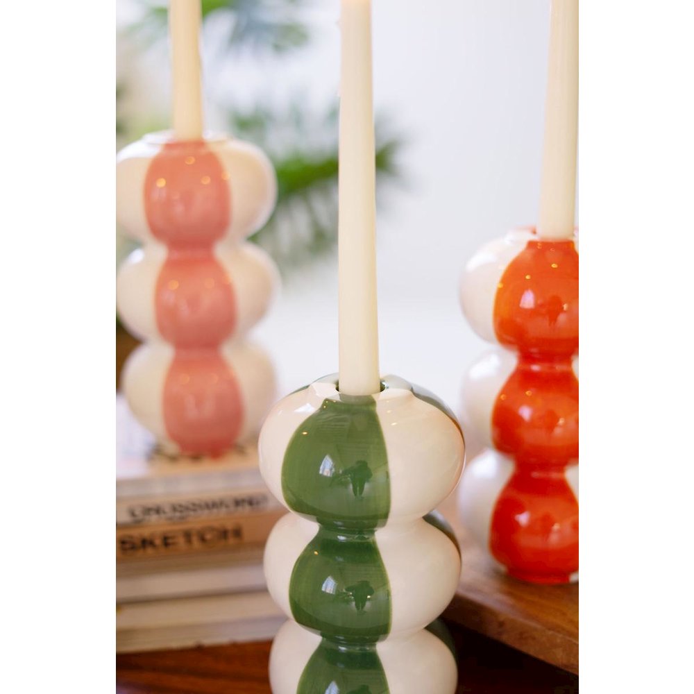 Set Of Four Ceramic Striped Taper Candle Holders. Picture 3