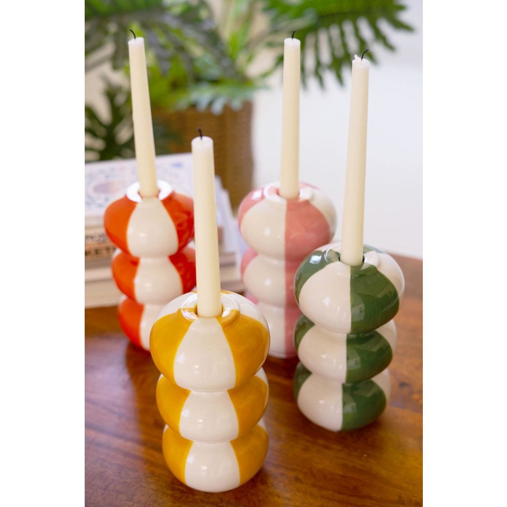 Set Of Four Ceramic Striped Taper Candle Holders. Picture 4