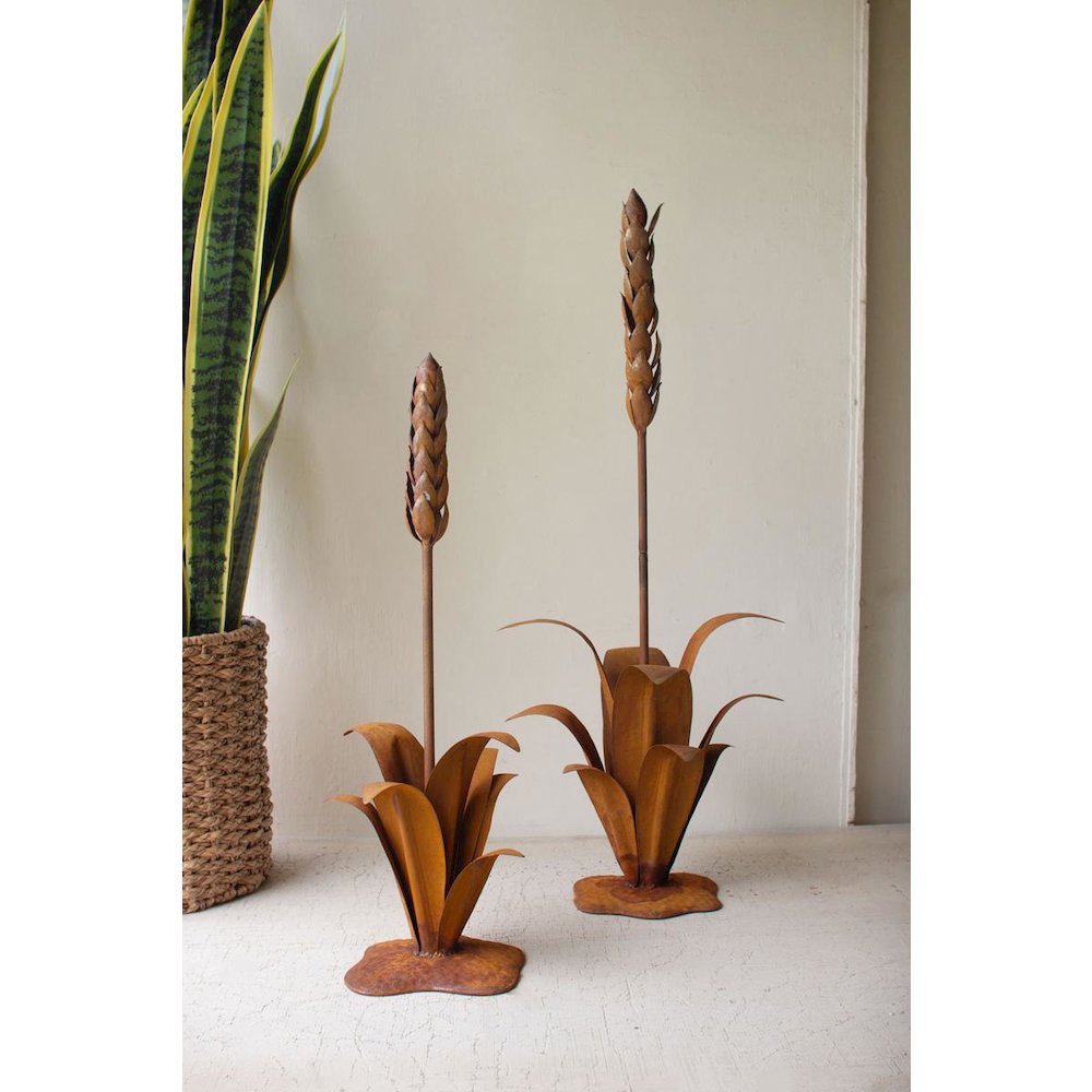 Set Of Two Rustic Metal Aloe Plants With Flowers. Picture 1