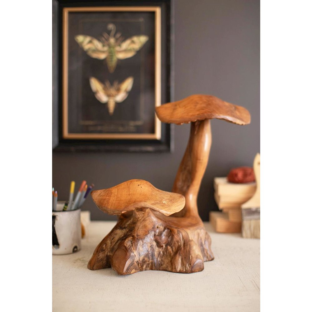 Double Teak Mushroom Sculpture. Picture 1