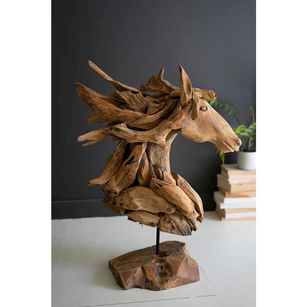 Teakwood Horse Head Sculpture With Iron Base. Picture 1