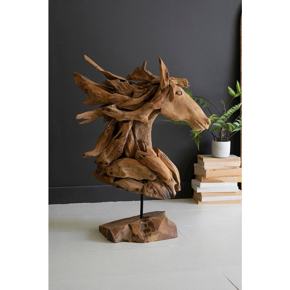 Teakwood Horse Head Sculpture With Iron Base. Picture 3