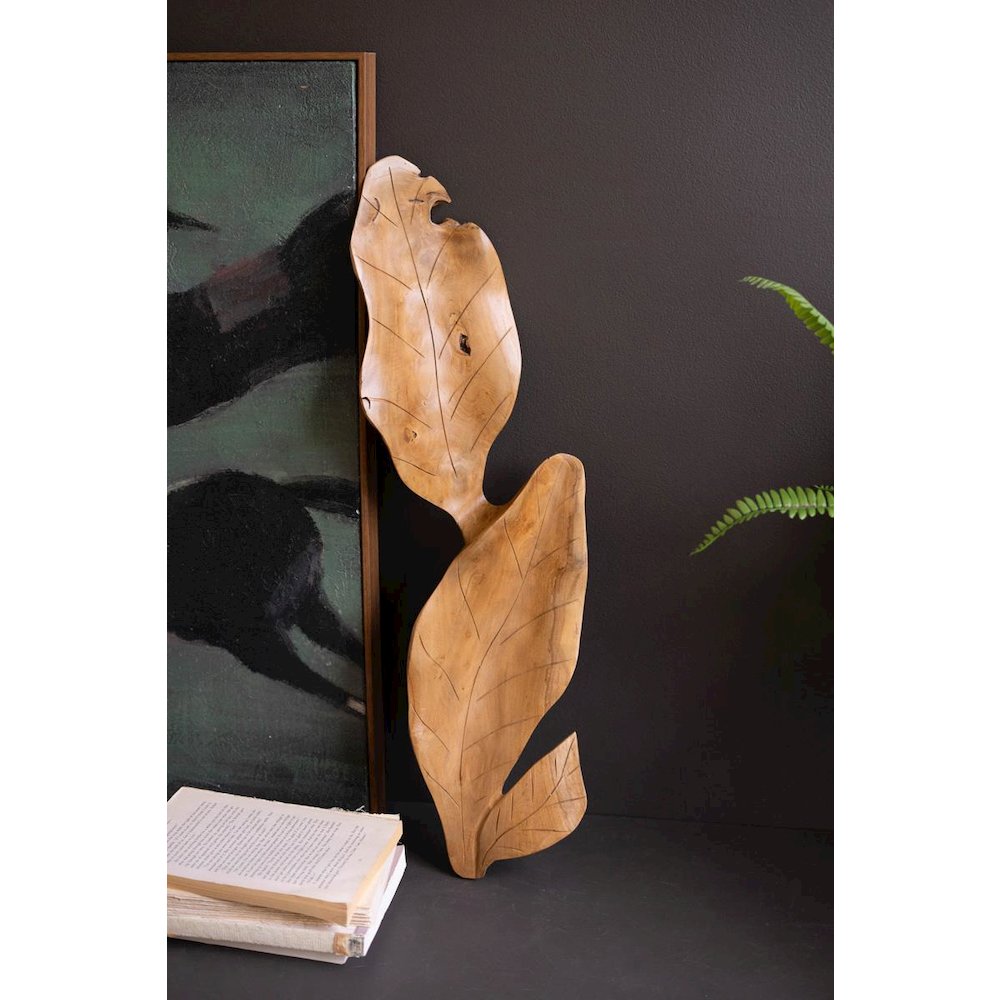 Hand-Carved Teakwood Tabletop Leaves Sculpture. Picture 1
