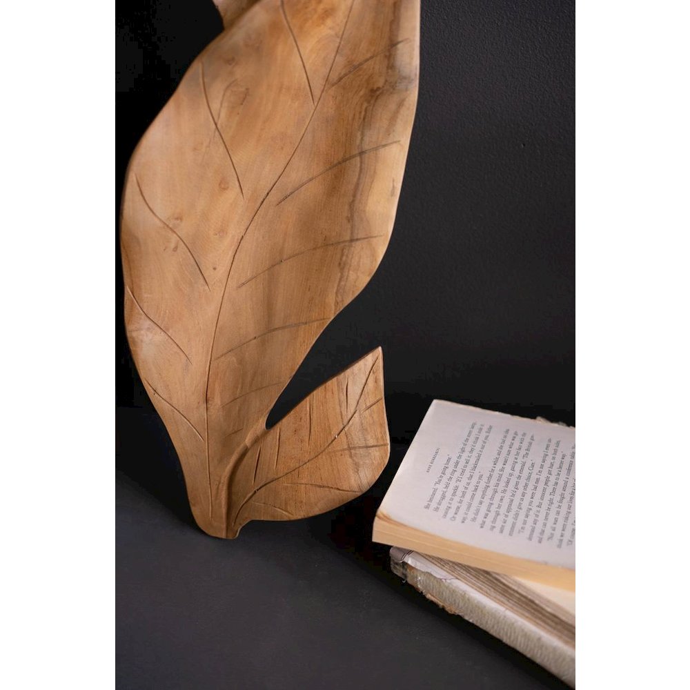 Hand-Carved Teakwood Tabletop Leaves Sculpture. Picture 2