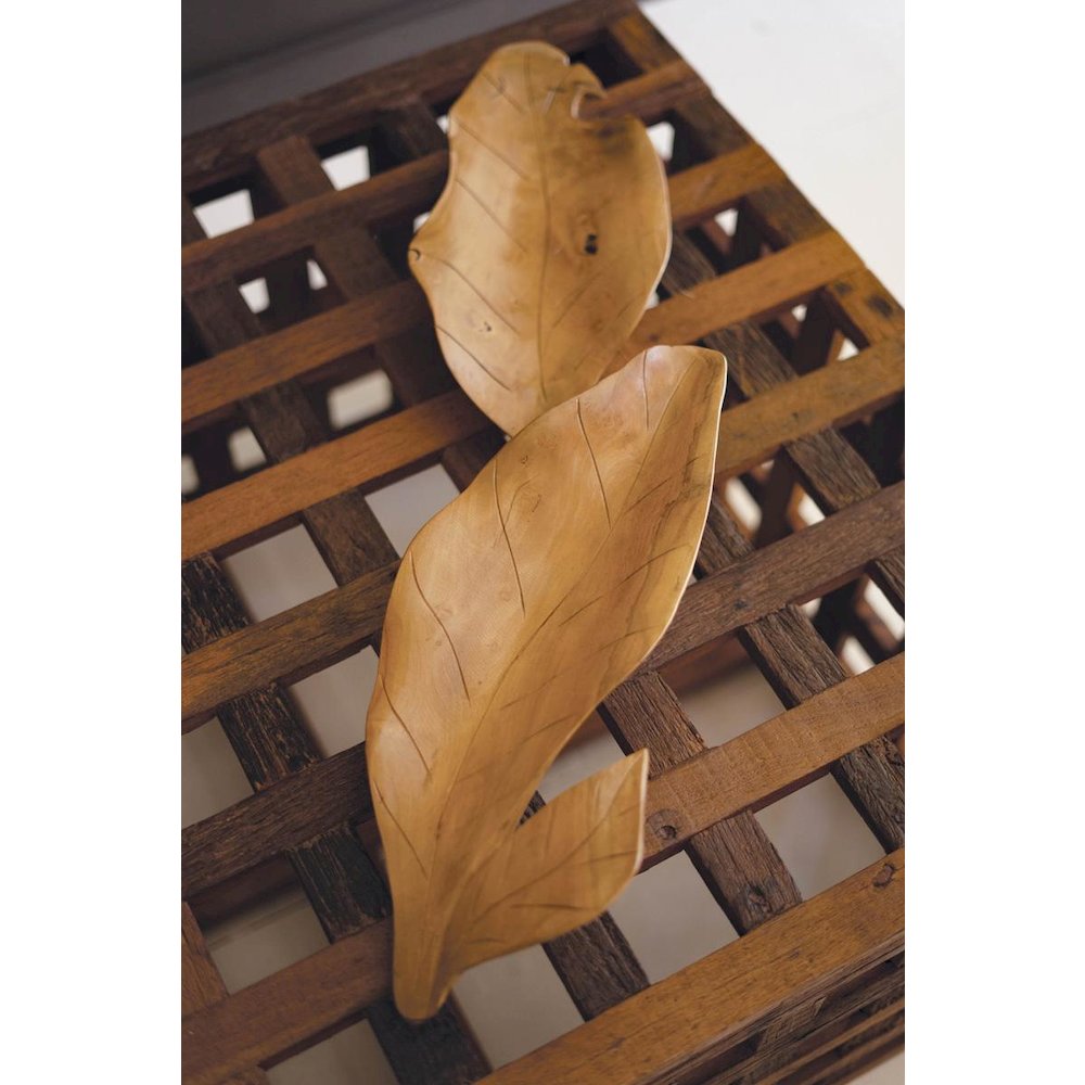 Hand-Carved Teakwood Tabletop Leaves Sculpture. Picture 4