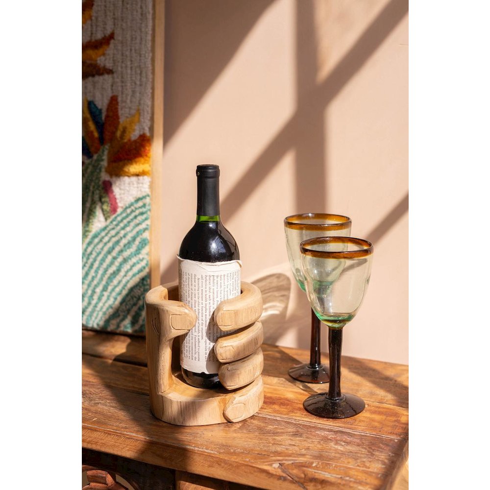 Carved Teakwood Wine Bottle Holder - Hand. Picture 1