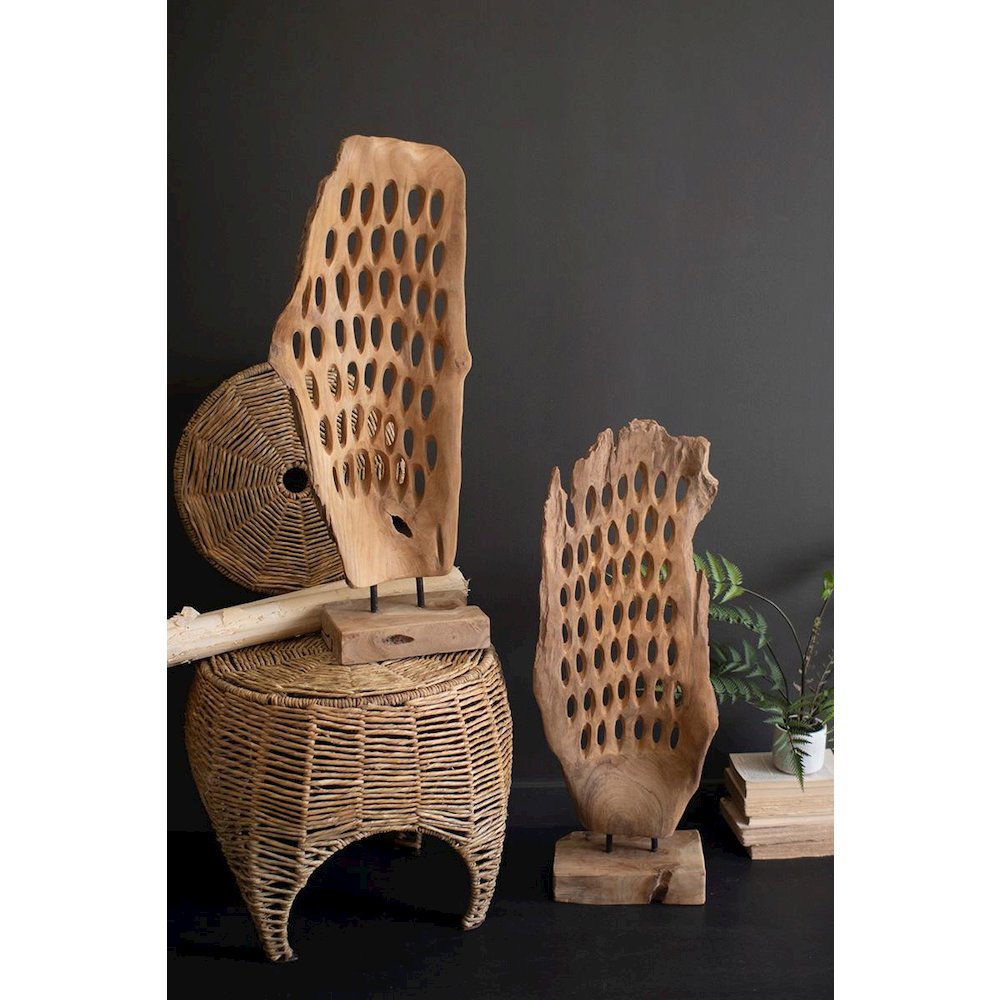 Carved Teak Wood Scuplture On A Base - Perforated. Picture 1