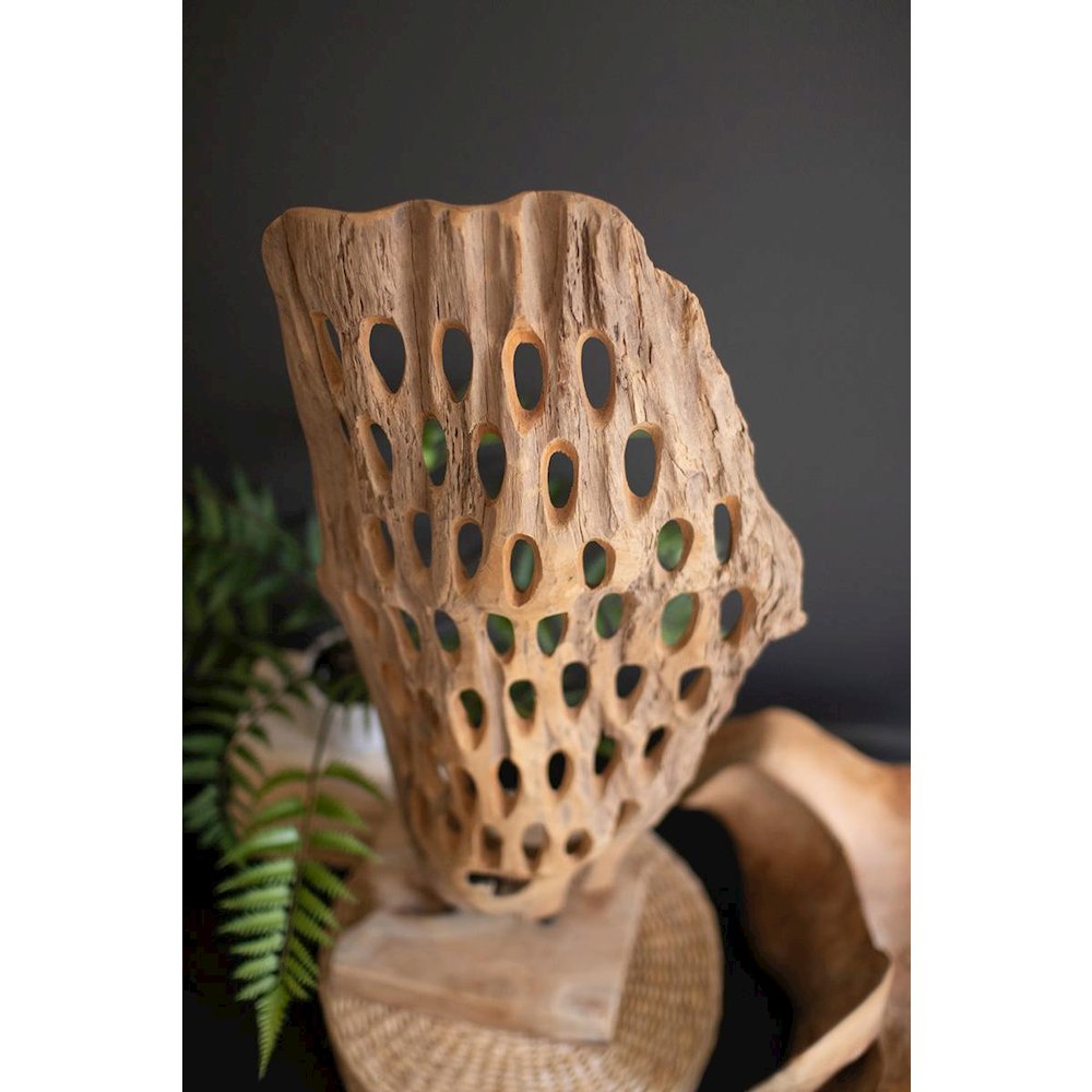 Carved Teak Wood Scuplture On A Base - Perforated. Picture 2