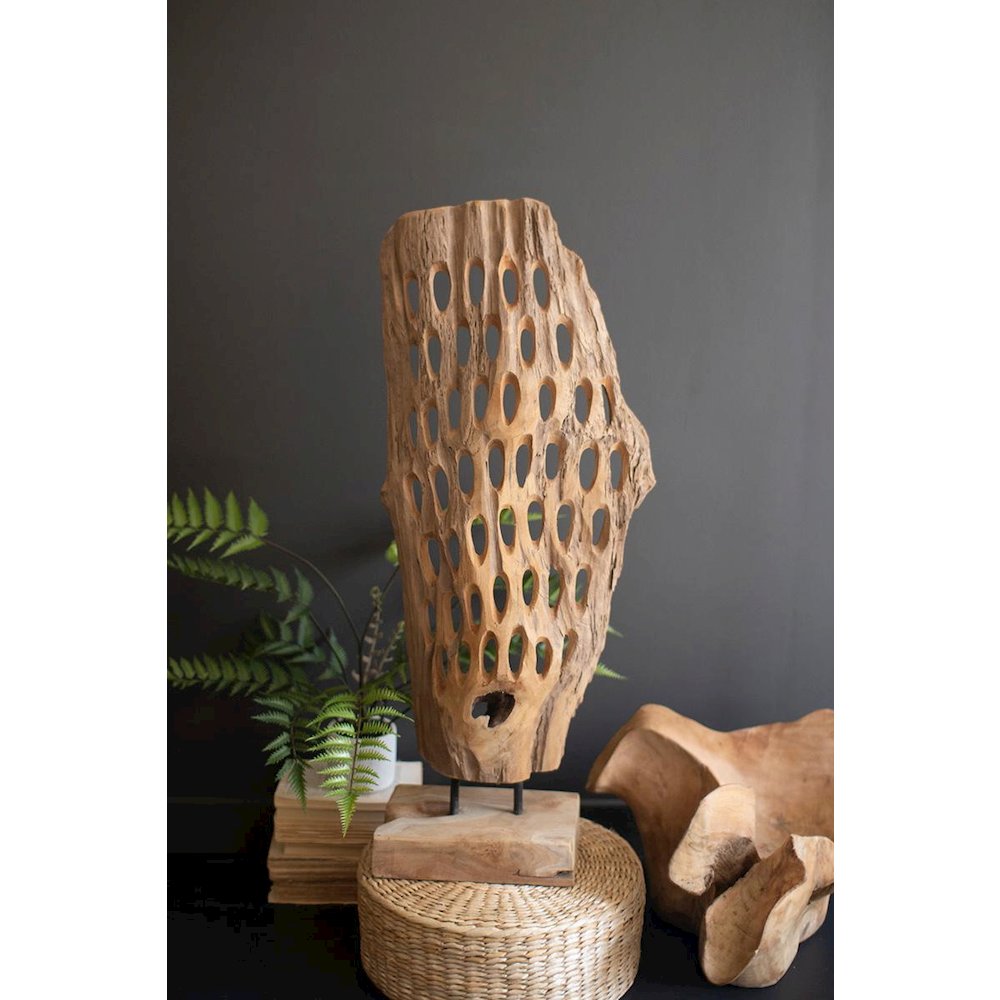 Carved Teak Wood Scuplture On A Base - Perforated. Picture 3
