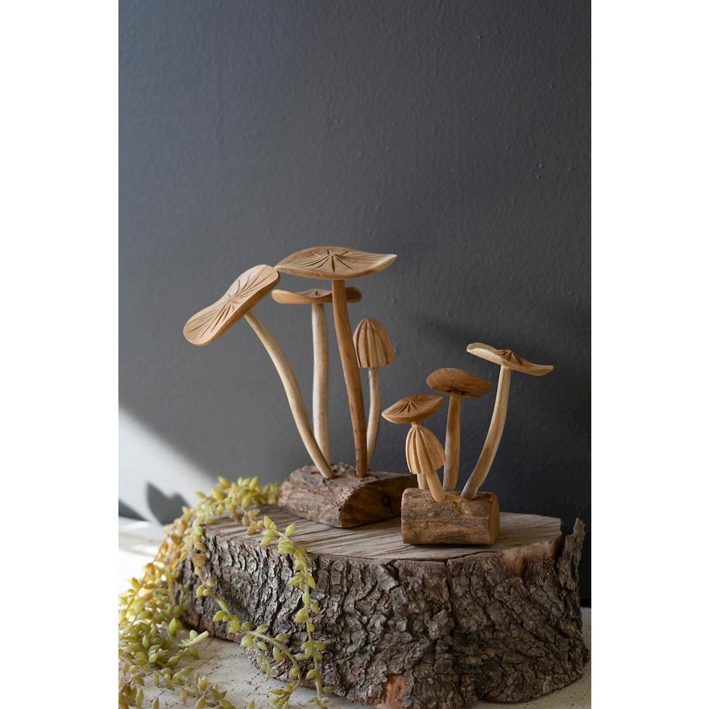Set Of Two Carved Teak Wood Mushroom Clusters. Picture 1
