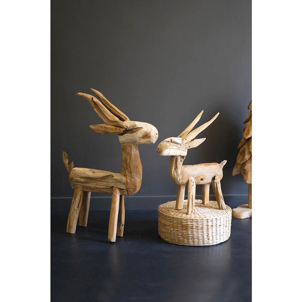 Set Of Two Rustic Teak Reindeer. Picture 1