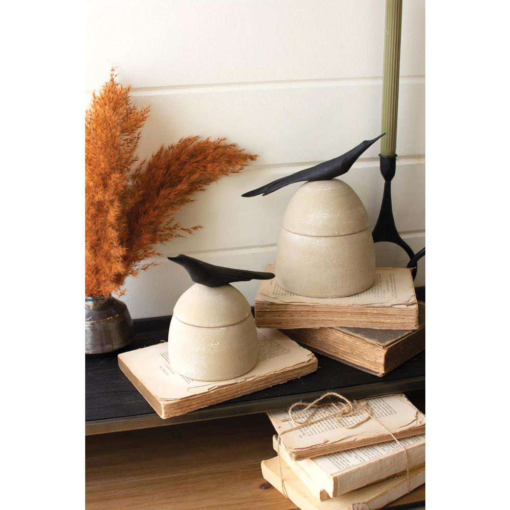Set Of Two Clay Canisters With Wooden Bird Handles. Picture 2