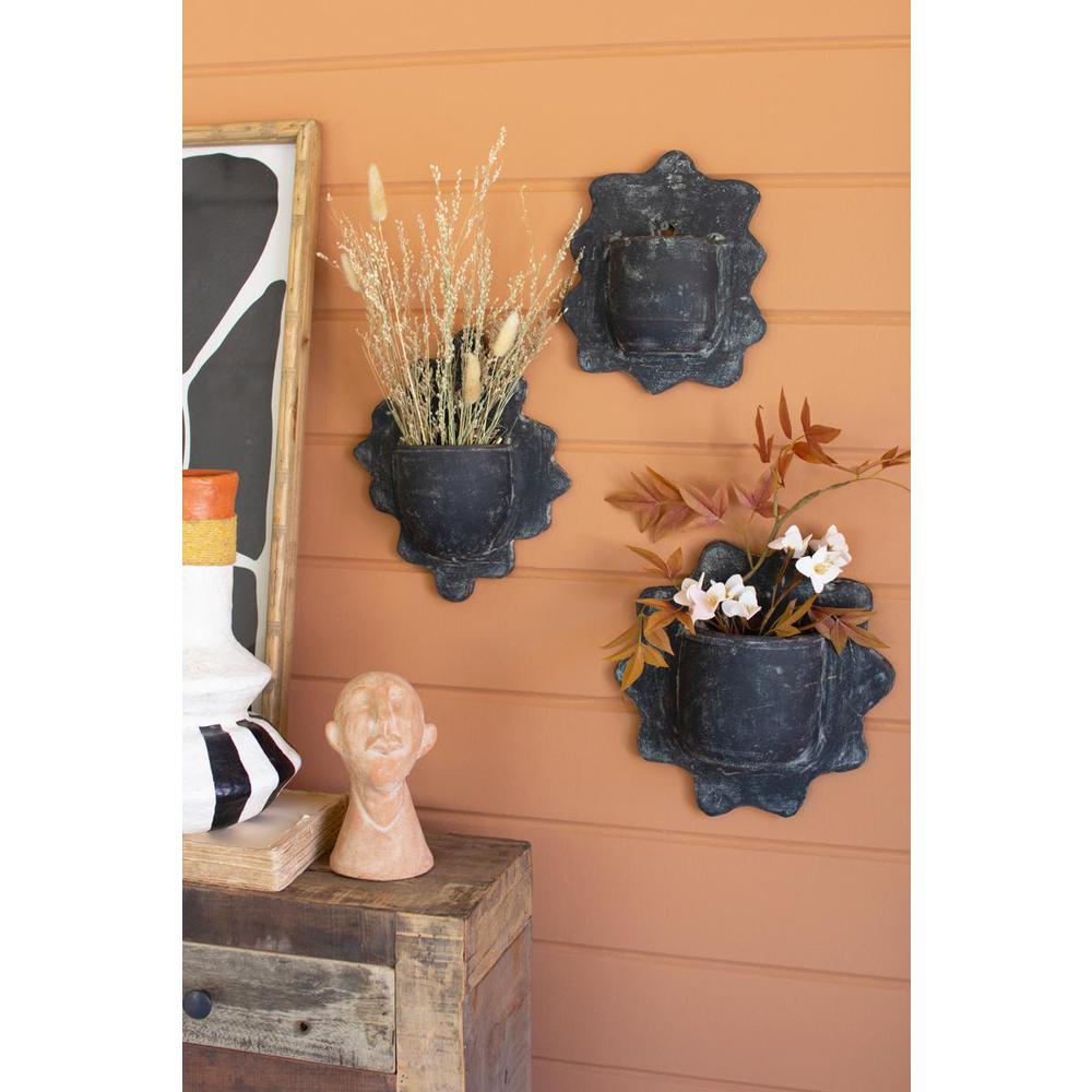 Set Of Three Black Wavy Clay Wall Planters. Picture 3