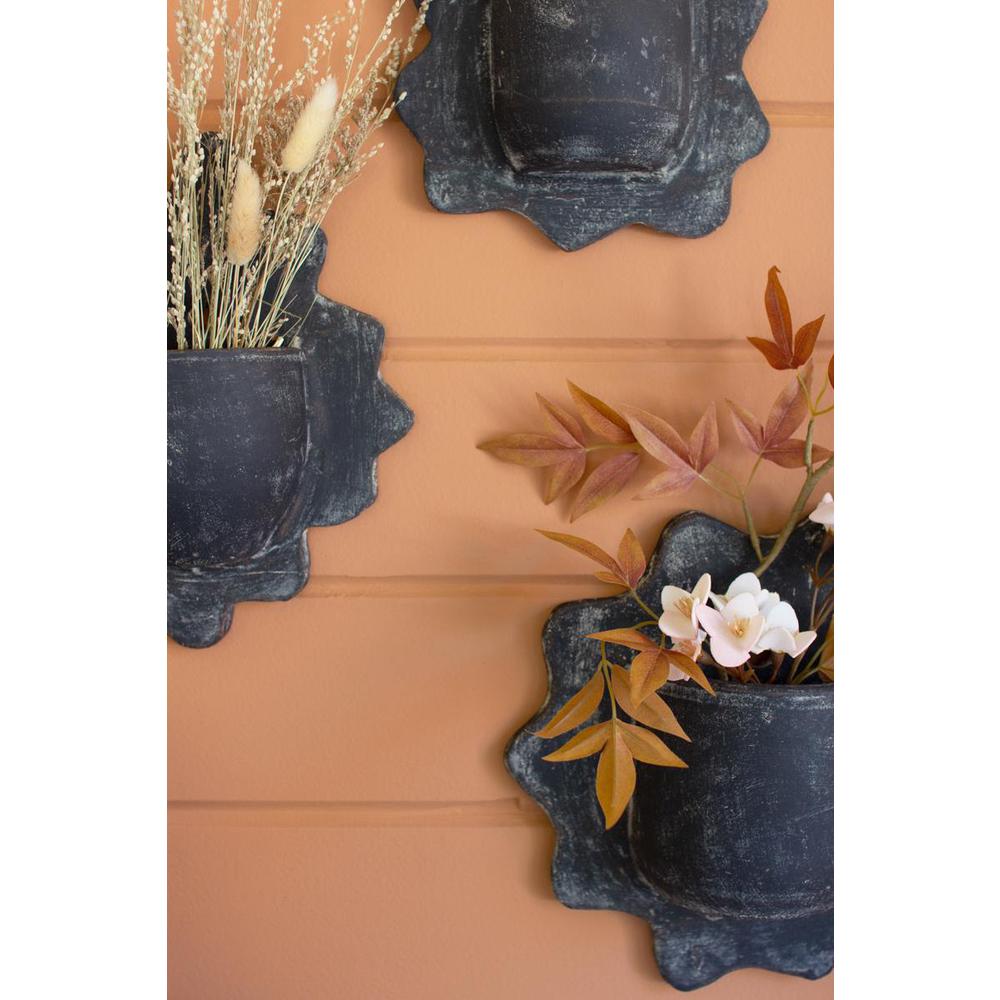 Set Of Three Black Wavy Clay Wall Planters. Picture 4