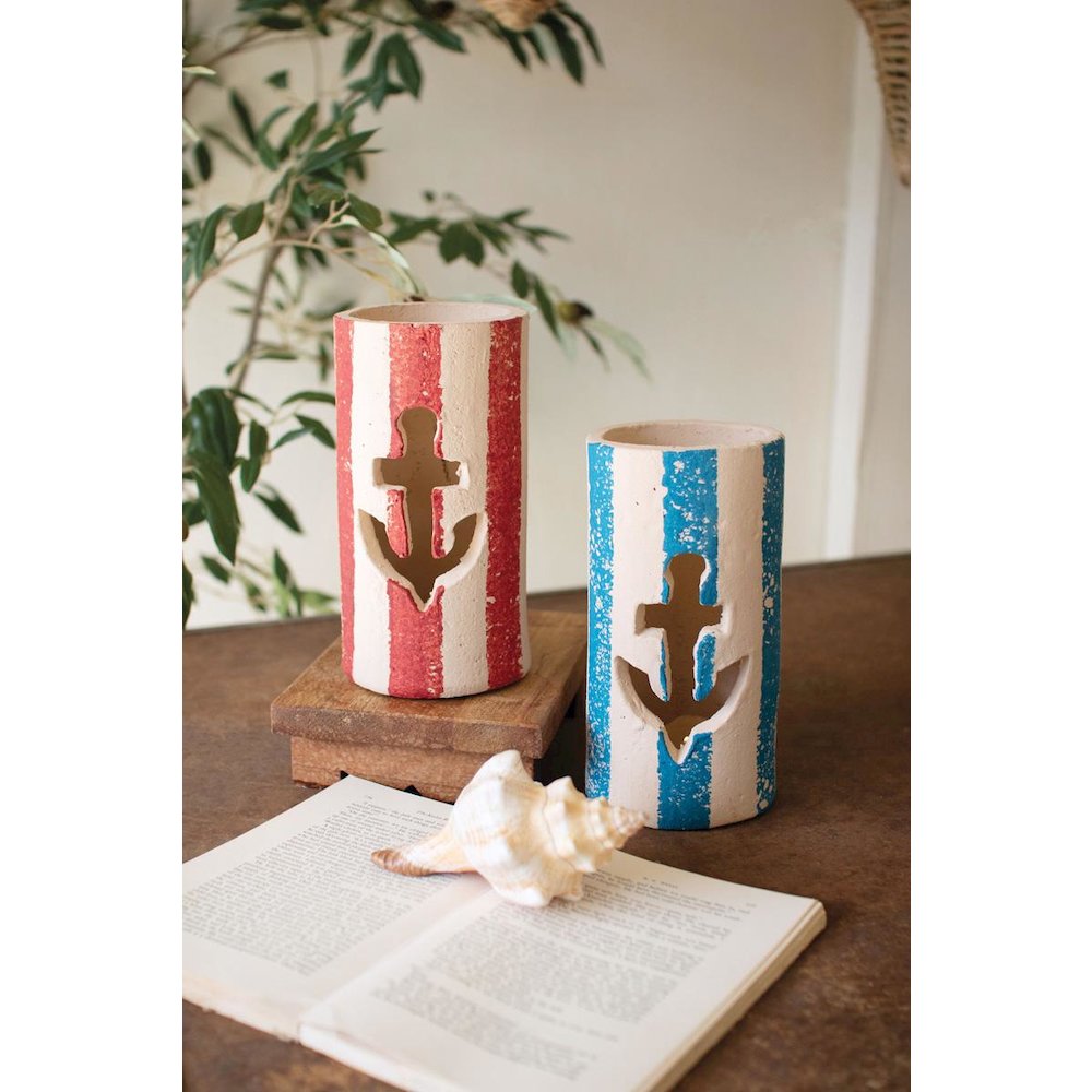 Set Of Two Painted Clay Anchor Lumiaries. Picture 1