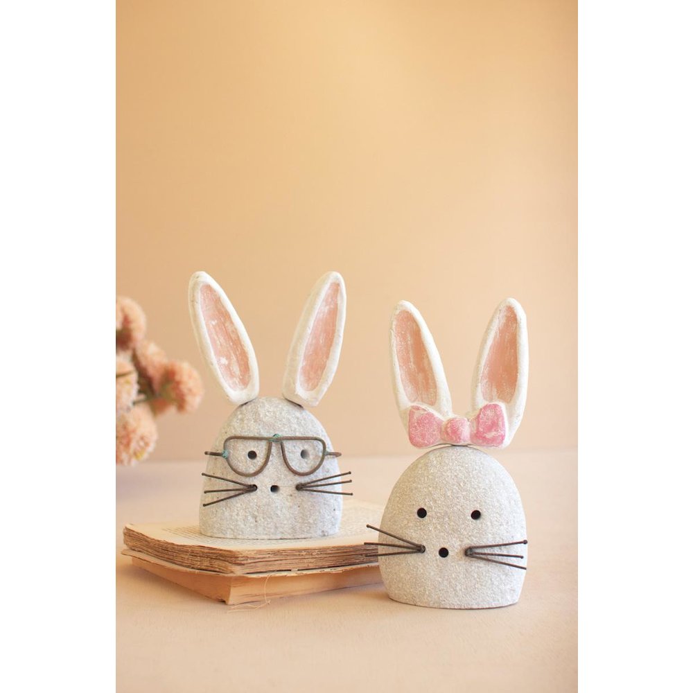 Set Of Two White-Wash Clay And River Rock Bunnies. Picture 1