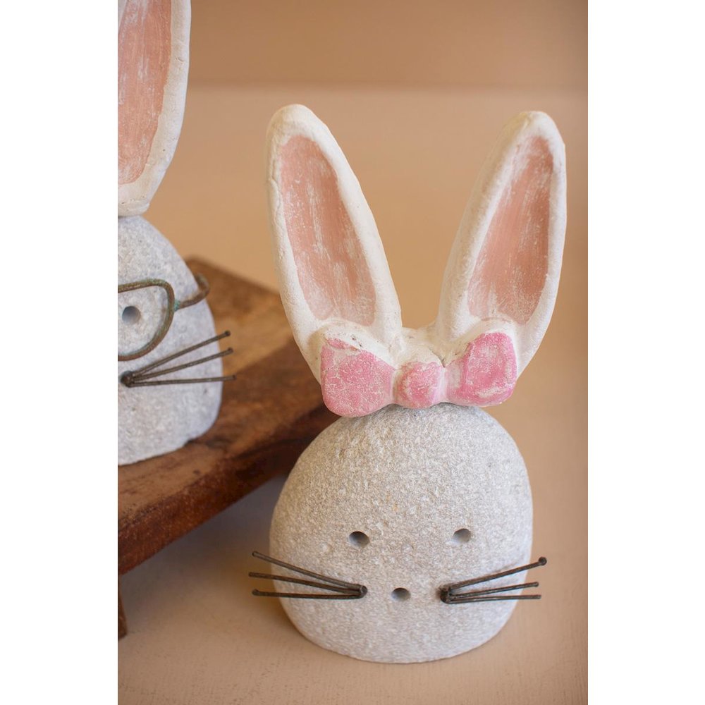 Set Of Two White-Wash Clay And River Rock Bunnies. Picture 2