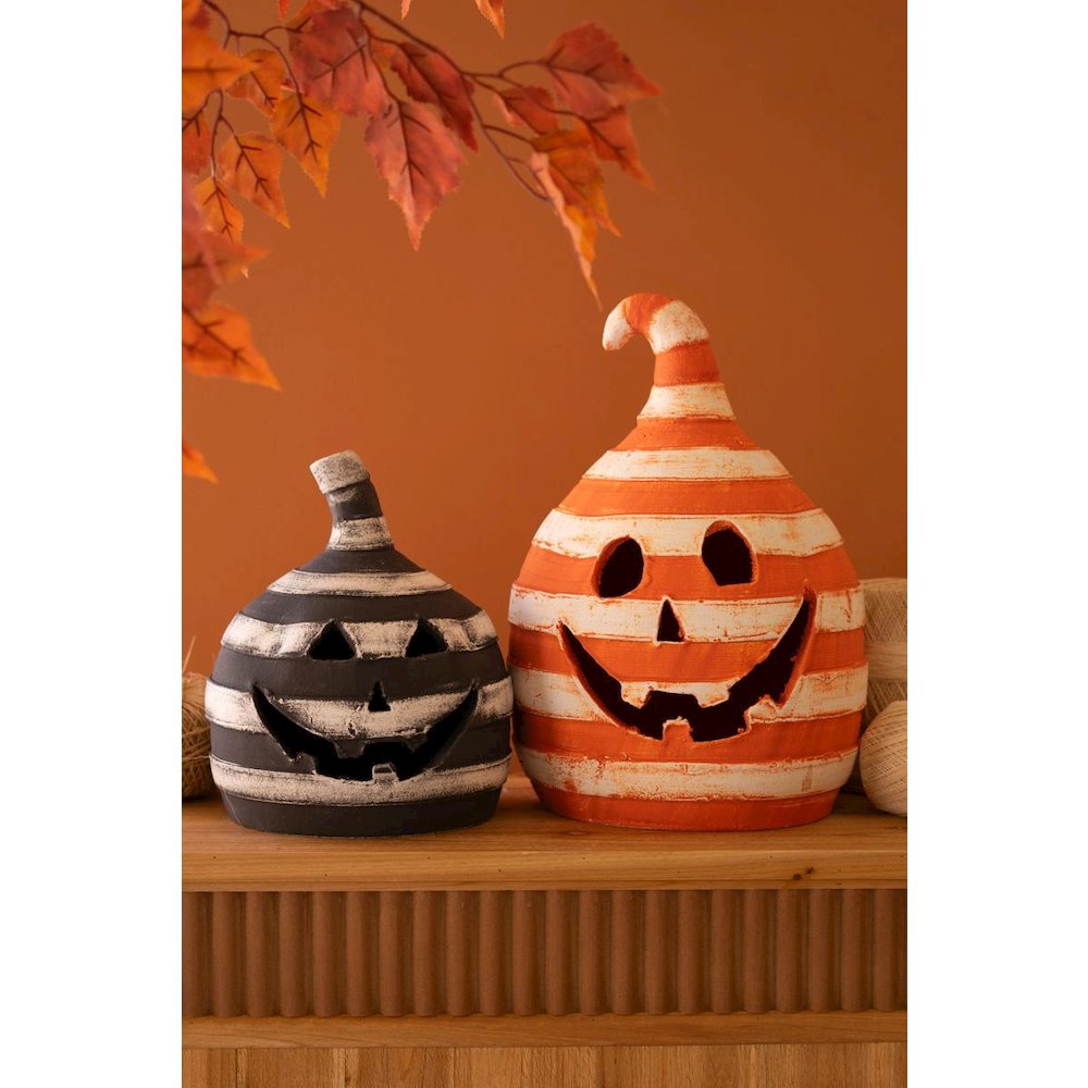 Set Of Two Painted Clay Striped Jack-O-Lanterns. Picture 1