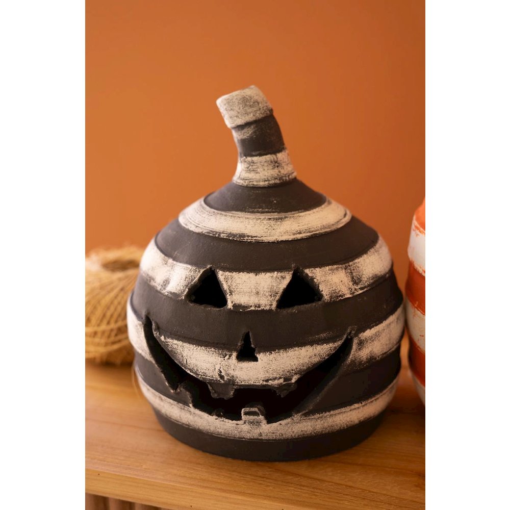 Set Of Two Painted Clay Striped Jack-O-Lanterns. Picture 2