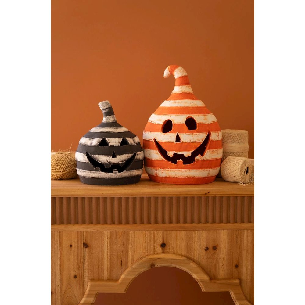 Set Of Two Painted Clay Striped Jack-O-Lanterns. Picture 3