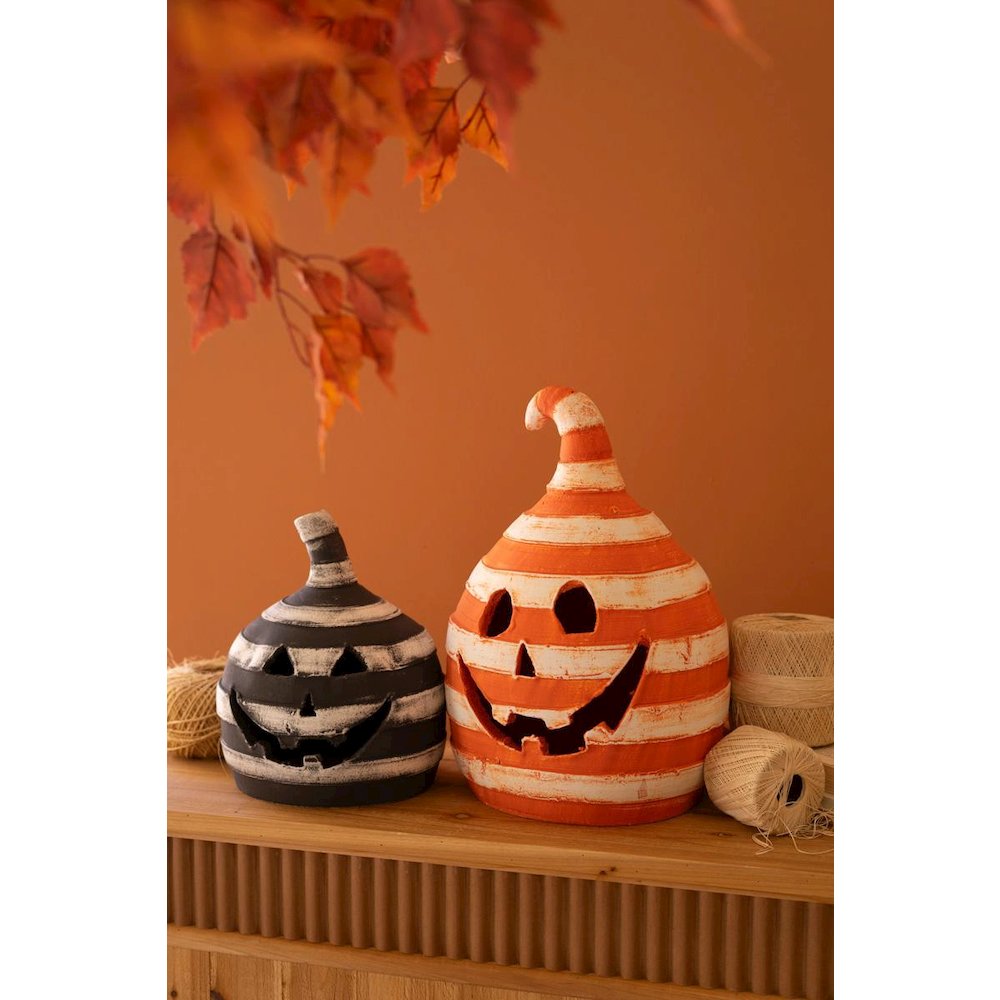 Set Of Two Painted Clay Striped Jack-O-Lanterns. Picture 4